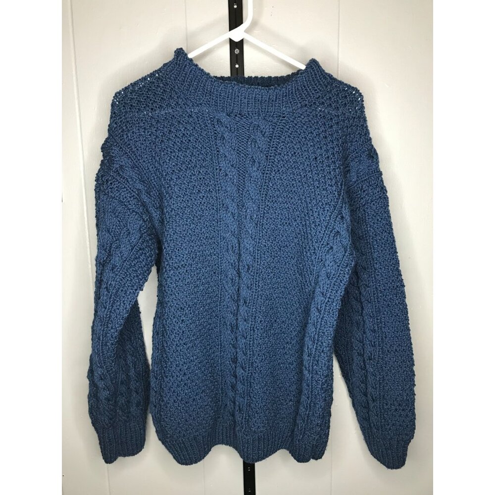 Vintage Hand Knitted Chunky Fisherman's Wool Blue Sweater Size MD Cable Knit